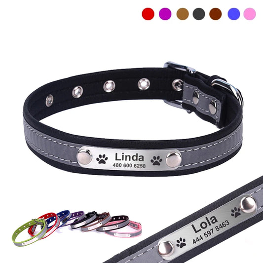 Custom Leather Pet Collar - Reflective, Personalized Engraving for Dogs & Cats